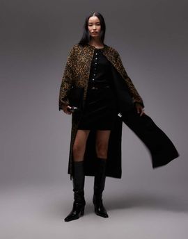 Arket ARKET double wool blend collarless maxi coat in leopard print-Multi