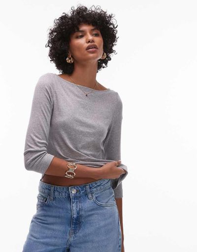 Arket ARKET fluid ribbed jersey boat neck top with 3/4 sleeves in gray melange