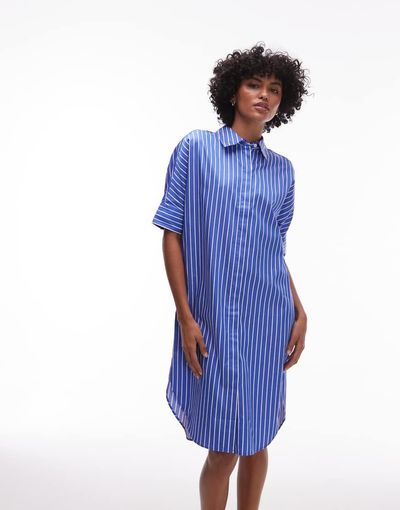 Arket ARKET half sleeve midi shirt dress in blue pinstripe