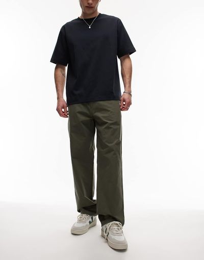 Arket ARKET heavy poplin pants with button front in khaki-Green
