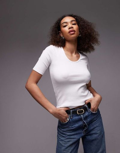 Arket ARKET jersey ribbed T-shirt top with scoop neck in white