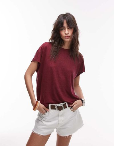 Arket ARKET linen blend T-shirt with cap sleeves in burgundy wine-Red