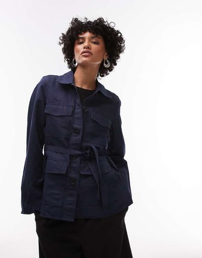 Arket ARKET linen mix shacket in rinse wash indigo with contrast thread front patch pockets-Blue