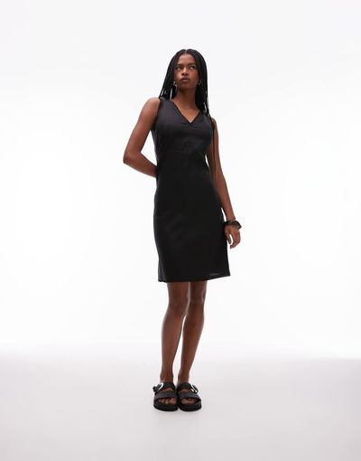 Arket ARKET linen rich v-neck midi shift dress with frill trim in black