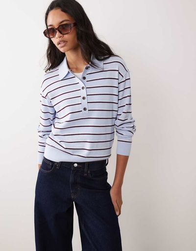 Arket ARKET merino polo sweater in blue striped print-White