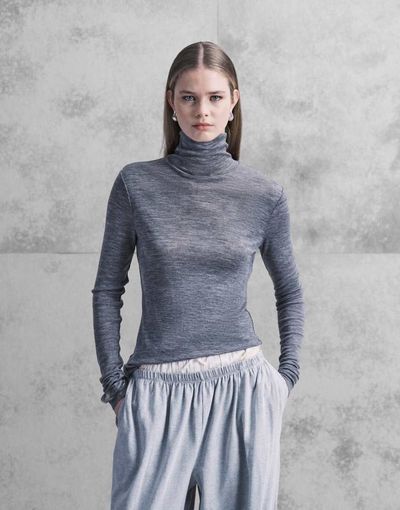 Arket ARKET merino wool knit semi sheer turtleneck top in gray