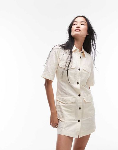 Arket ARKET mini shirt dress with front patch pockets in stone-Neutral