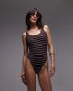 Arket ARKET mix & match square neck crinkle bubble swimsuit in burgundy and white stripe-Red - 1