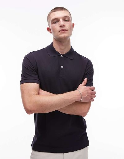 Arket ARKET pique jersey short sleeve polo shirt in navy blue