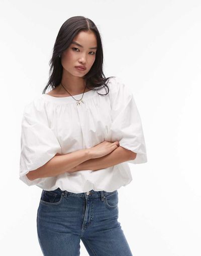 Arket ARKET poplin top with bubble hem in white-Black