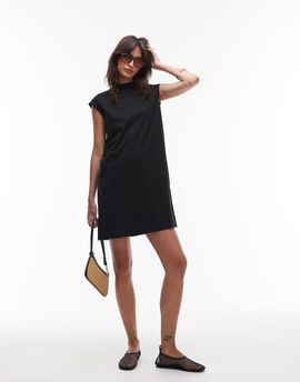 Arket ARKET pure cotton high neck cap sleeve mini dress in black