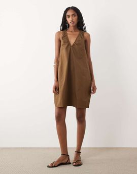 Arket ARKET pure cotton sleeveless v-neck volume midi dress in dark brown