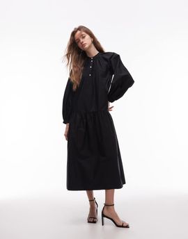 Arket ARKET pure cotton smock maxi dress with puff sleeves in black