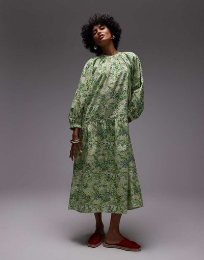 Arket ARKET pure cotton smock midaxi dress with drop waist in green leaf print-Multi