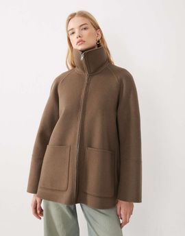 Arket ARKET pure double wool high funnel neck collar short coat in brown