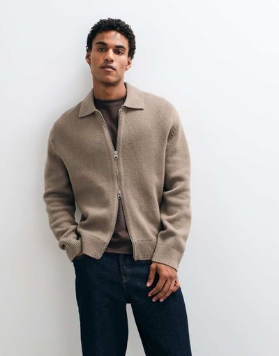 Arket ARKET pure wool zip through cardigan with polo collar in beige-NEUTRAL