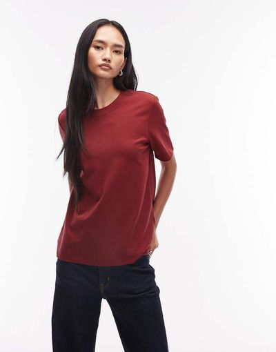 Arket ARKET rich cotton stretch heavyweight interlock short sleeve t-shirt in burgundy-Red