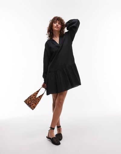 Arket ARKET seersucker mini dress with tiered hem and puff sleeves in black