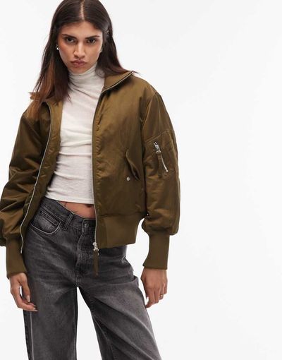 Arket ARKET sporty nylon bomber jacket with funnel neck in khaki green