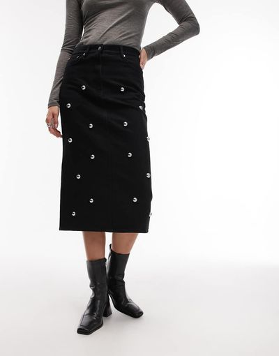Arket ARKET studded denim midi skirt in black