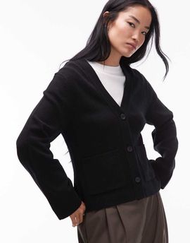 Arket ARKET textured yarn wool cardigan with v-neck and front pockets in black