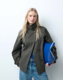Arket ARKET waxed cotton funnel neck short trench with cord inner collar detail in khaki-Green