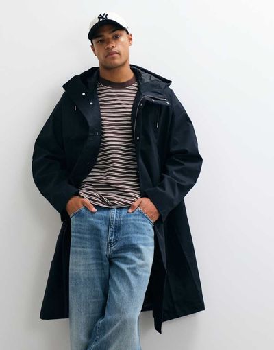 Arket ARKET waxed cotton hooded rain jacket in navy