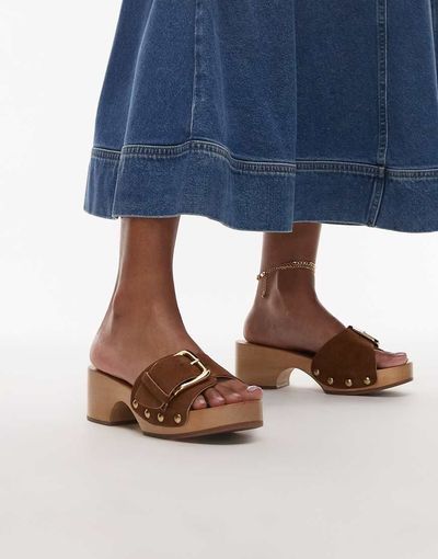 Arket ARKET wooden heeled clogs with real suede strap and gold buckle in brown-Neutral