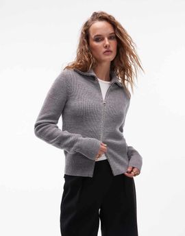 Arket ARKET wool blend zip front cardigan with wide collar in heather gray