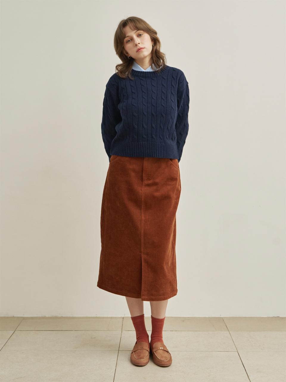 ARMOIRE SECRET Modern Front-Slit Cotton Corduroy Slim-Fit Skirt