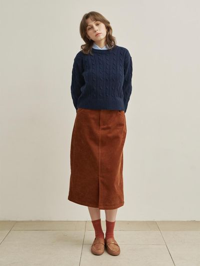 ARMOIRE SECRET Modern Front-Slit Cotton Corduroy Slim-Fit Skirt