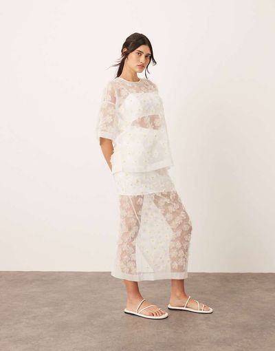 ARRANGE ARRANGE 3D daisy sheer column maxi skirt - part of a set-White