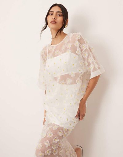 ARRANGE ARRANGE 3D daisy sheer oversized T-shirt - part of a set-White