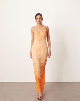 ARRANGE ARRANGE applique embroidered lace paneled cami maxi dress in peach-Orange