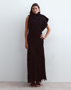 ARRANGE ARRANGE asymmetric neckline hybrid fringe skirt maxi dress in black