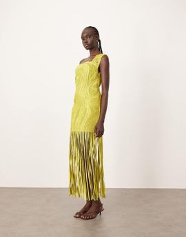 ARRANGE ARRANGE asymmetric tape work fringe hem mini dress in lime green