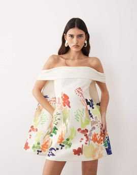 ARRANGE ARRANGE bardot mini dress with cape detail in abstract painterly print-Multi