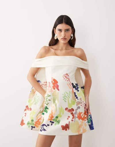 ARRANGE ARRANGE bardot mini dress with cape detail in abstract painterly print-Multi