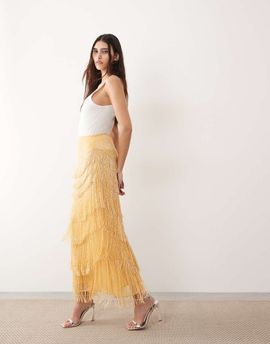 ARRANGE ARRANGE beaded fringe column midaxi skirt in yellow