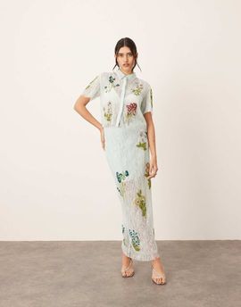 ARRANGE ARRANGE botanical floral embellished lace midi skirt in light blue - part of a set