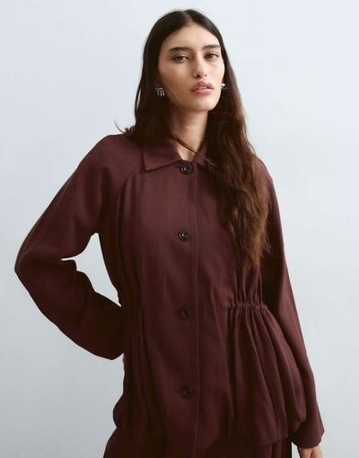 ARRANGE ARRANGE button down cinch waist peplum blazer in dark cherry - part of a set-Red