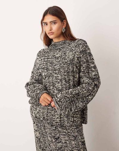 ARRANGE ARRANGE cable knit high neck sweater with volume sleeve in mono - part of a set-Multi
