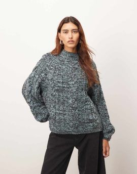 ARRANGE ARRANGE cable knit high neck sweater with volume sleeve in twisted yarn in blue and chocolate