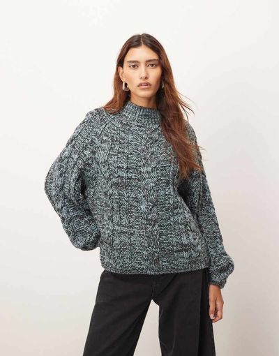 ARRANGE ARRANGE cable knit high neck sweater with volume sleeve in twisted yarn in blue and chocolate