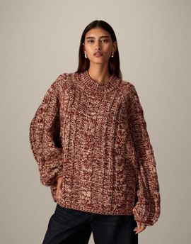 ARRANGE ARRANGE cable knit high neck sweater with volume sleeves in twisted yarn in red and cream