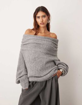 ARRANGE ARRANGE chunky rib knit off-shoulder sweater in charcoal-Gray