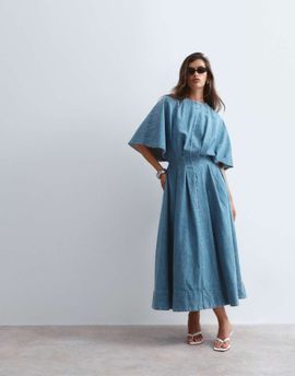ARRANGE ARRANGE cinched waist denim midi dress in mid wash blue