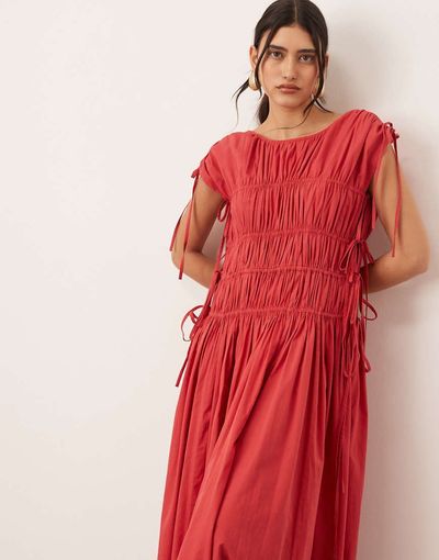 ARRANGE ARRANGE clean cotton drawstring detail trapeze midi dress with pockets in washed red