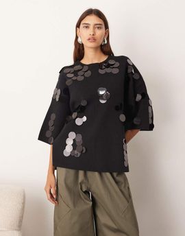ARRANGE ARRANGE compact knit paillette sequin tee in black