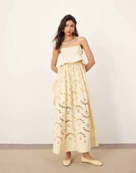 ARRANGE ARRANGE contrast broderie empire cami midi dress with ruffle detail in buttermilk-Yellow